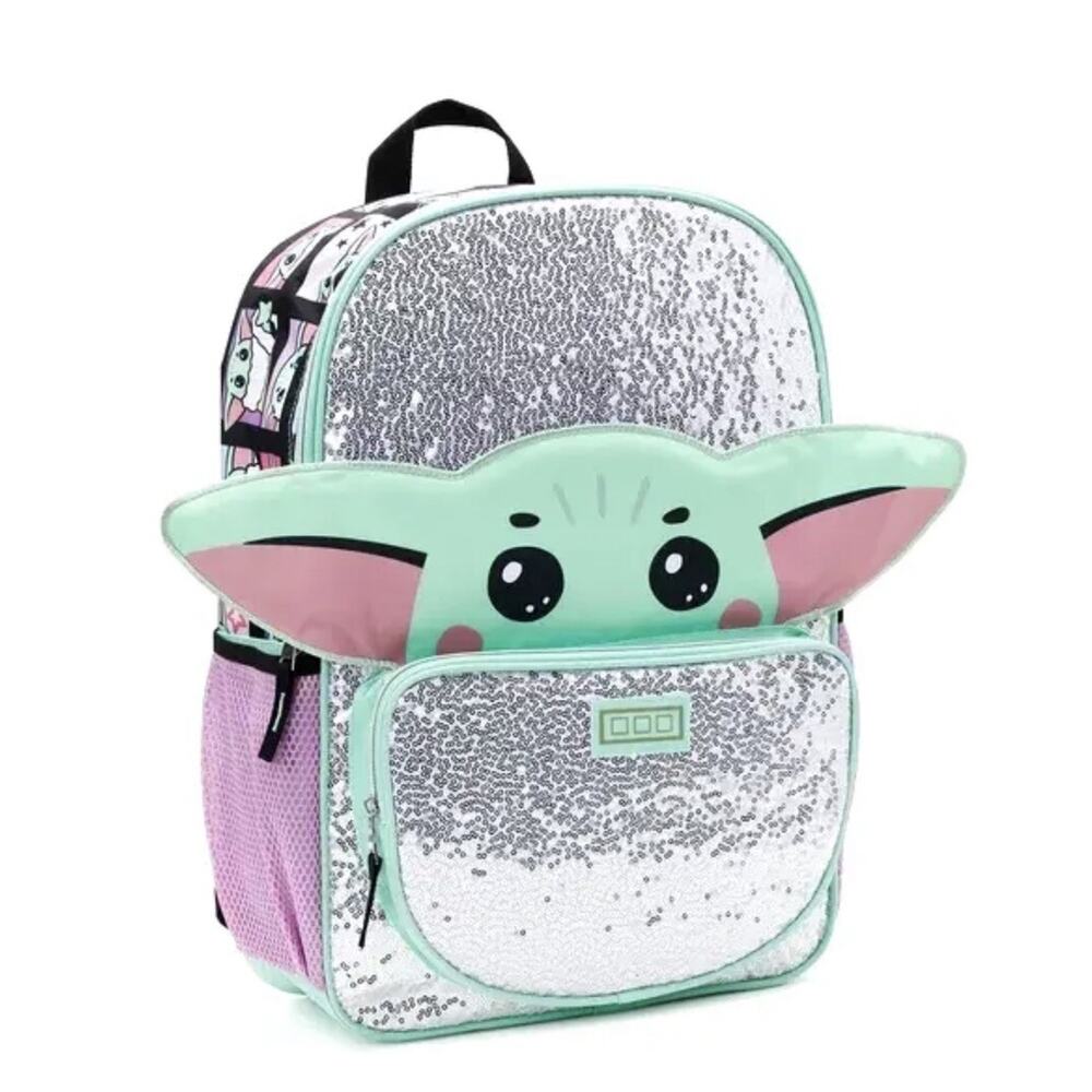 Star Wars Kids The Mandalorian Baby Yoda 17" Laptop Backpack Sequin Green NEW